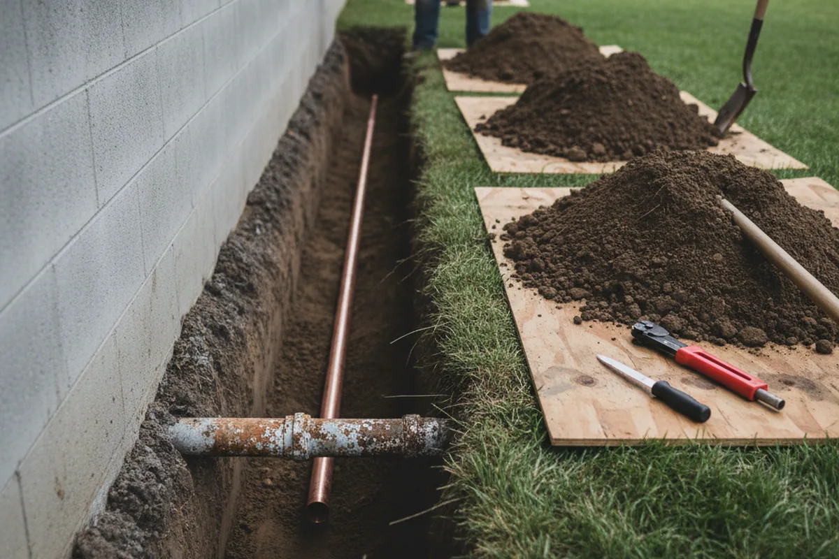 Excavated water line trench during Water Softener Installation in Lumberton